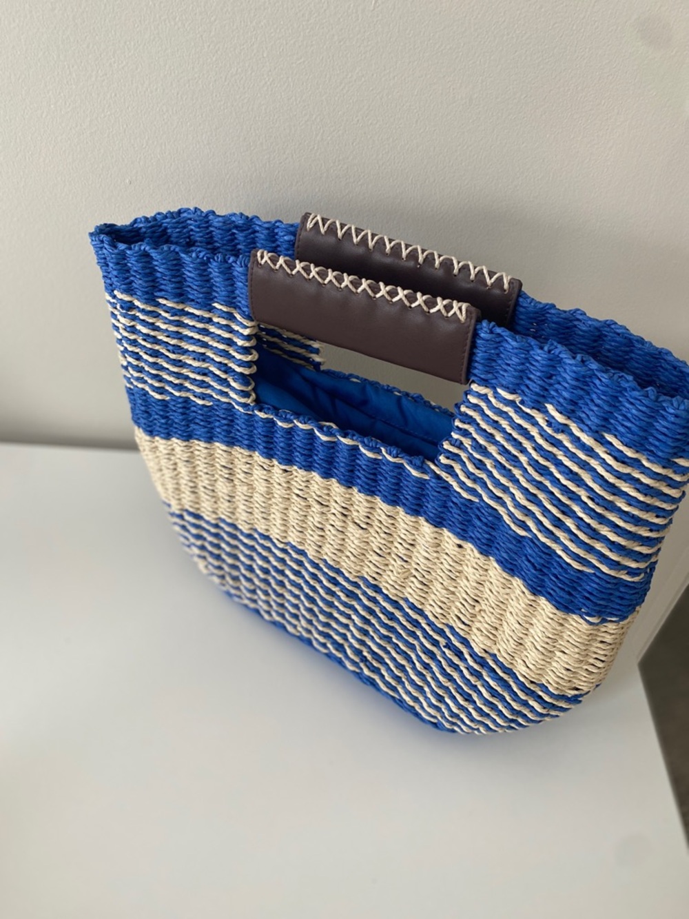 Scoop Nantucket Blue and Cream Woven Tote with Brown Handle - Picture 6 of 8